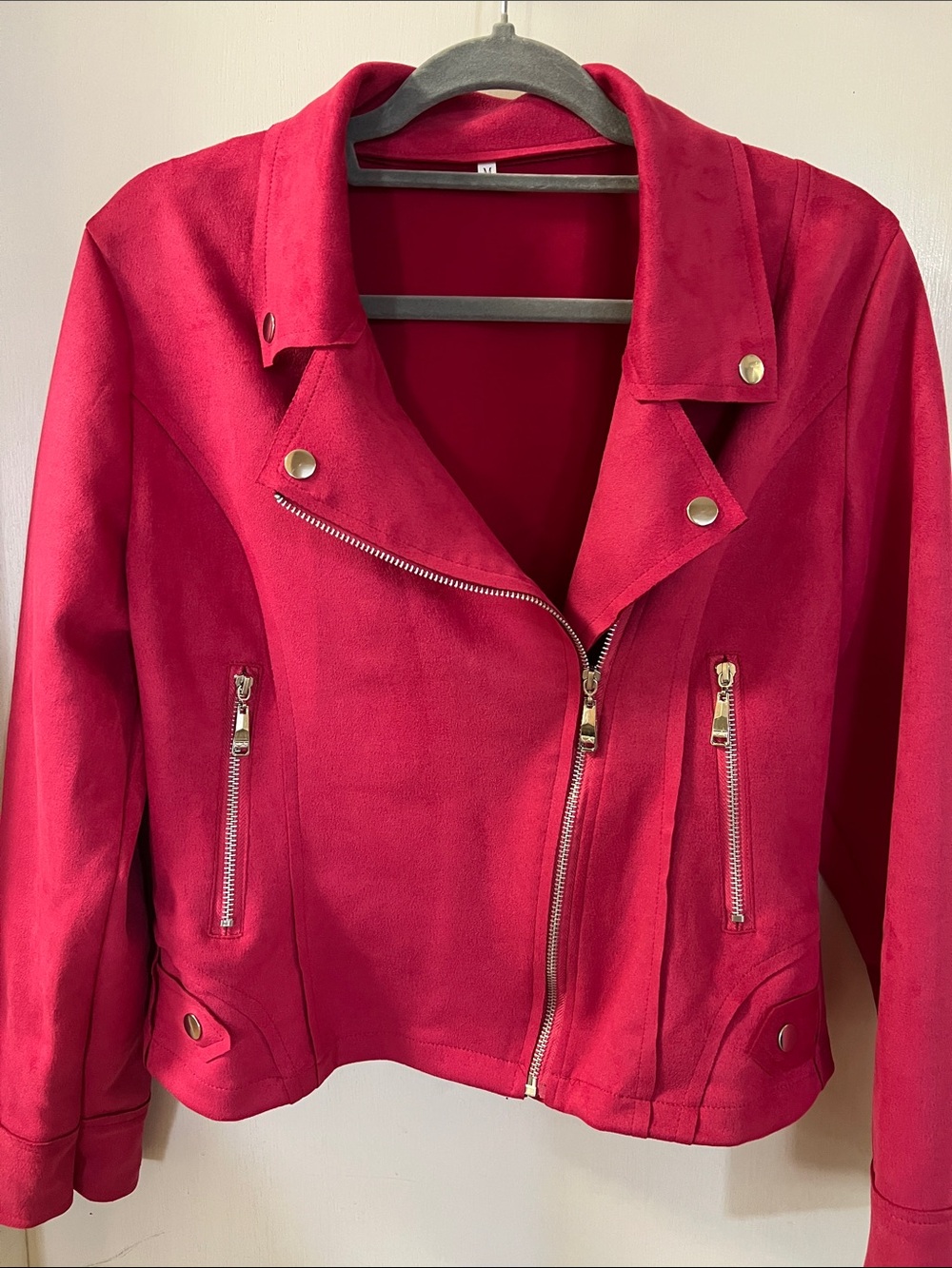 Women's pink Suede Moto Jacket with Gold Hardware